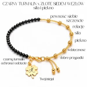 Bransoletka Czarny Turmalin x Złote Siedem Węzłów z Inicjałem Amulet Siły, Piękna i Szczęścia