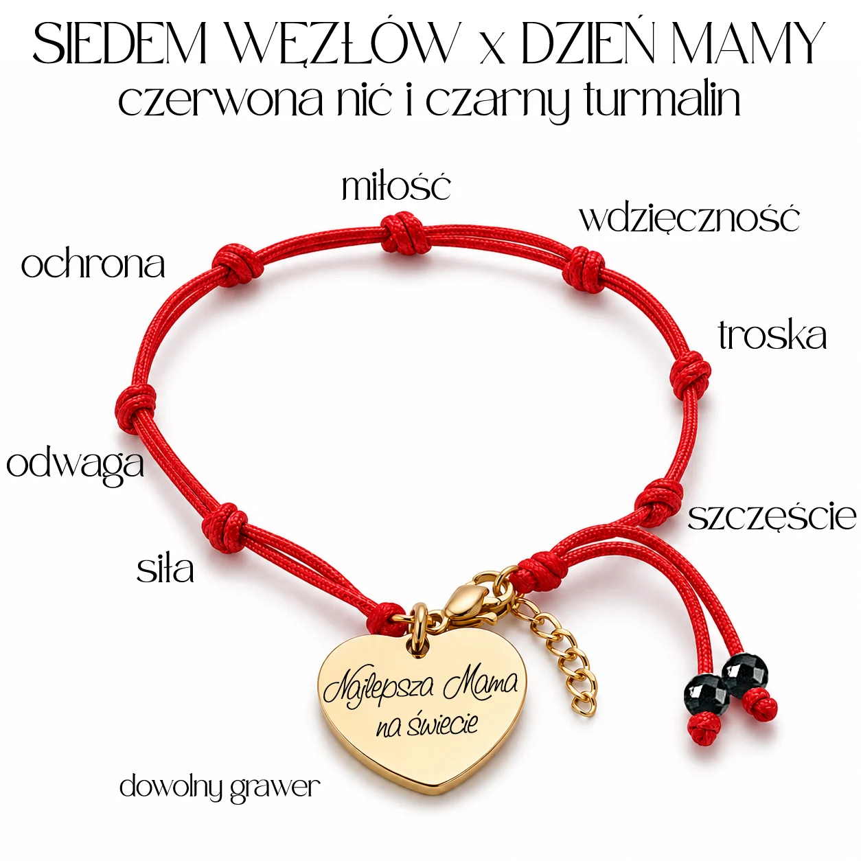 Bransoletka Czerwone Siedem Węzłów x Dzień Mamy z turmalinem i grawerem - obrazek 2