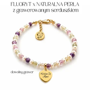 Bransoletka Fluoryt x Naturalna Perła z Grawerowanym Sercem by ilo