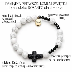 Bransoletka komunijna dla chłopca z krzyżykiem i imieniem. Howlit, onyks, lawa. Pamiątka Pierwszej Komunii Świętej z grawerem.