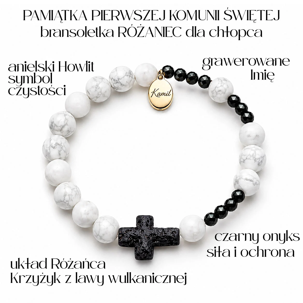 Bransoletka komunijna dla chłopca z krzyżykiem i imieniem. Howlit, onyks, lawa. Pamiątka Pierwszej Komunii Świętej z grawerem.