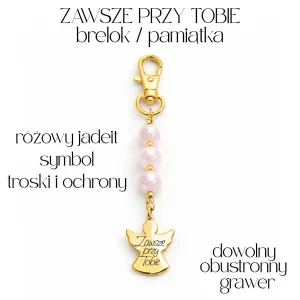 Brelok Anioł Stróż Zawsze Przy Tobie – Różowy Jadeit – Pamiątka Komunii z Grawerem