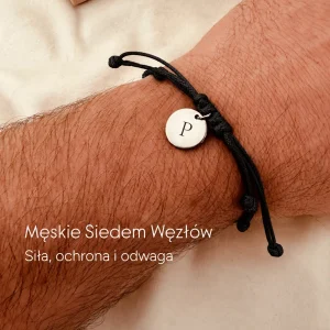 Czarne Siedem Węzłów Męska bransoletka z inicjałem – Siła i Odwaga