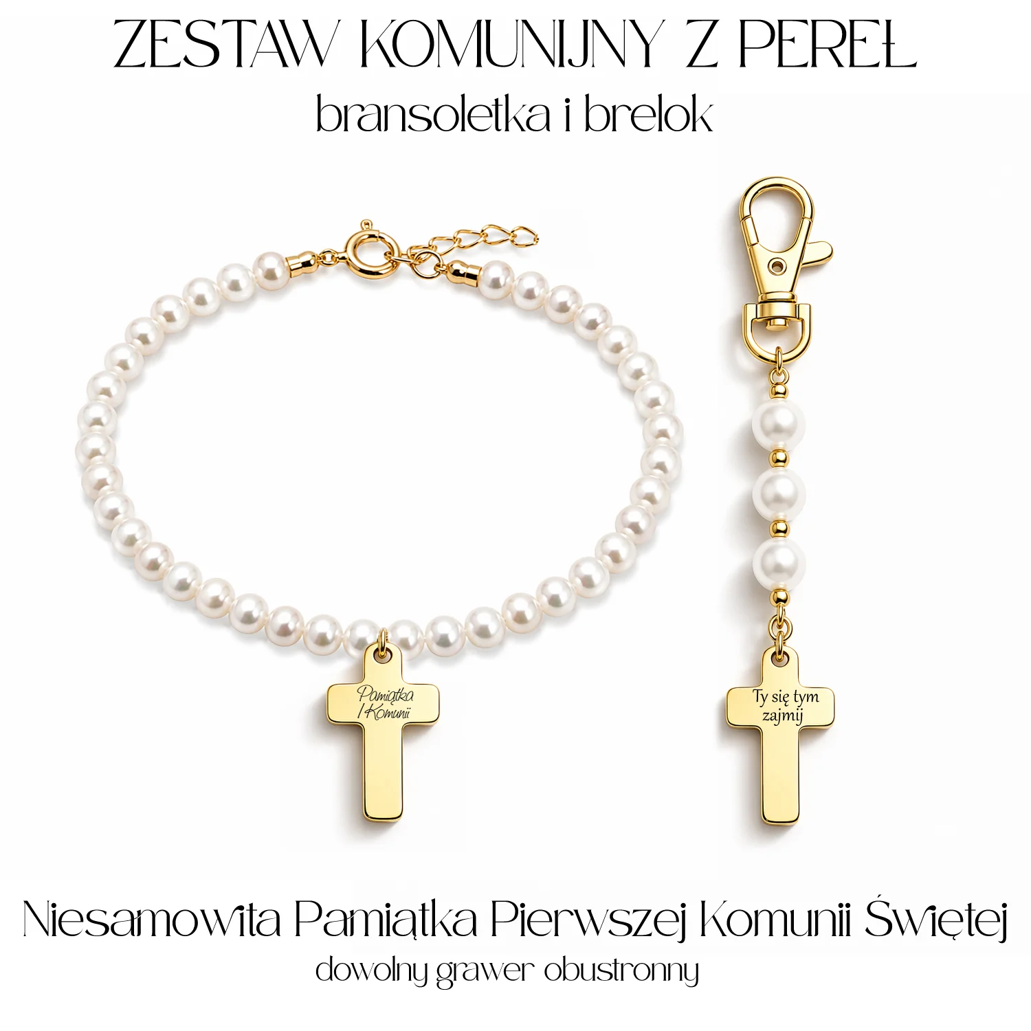 Ekskluzywna Pamiątka Komunii Świętej Bransoletka i Brelok z pereł z grawerem