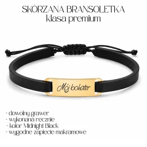 Męska Skórzana Bransoletka w kolorze Midnight Black z grawerem