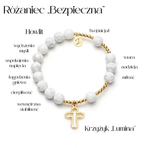 Różaniec z howlitu BEZPIECZNA z krzyżykiem Lumina