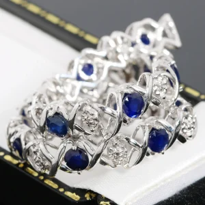 Złota bransoletka z szafirami i diamentami 18cm białe złoto 14K