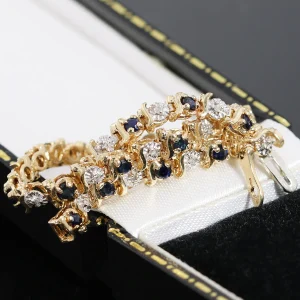 Złota bransoletka z szafirami i diamentami tenisówka 19cm 9K