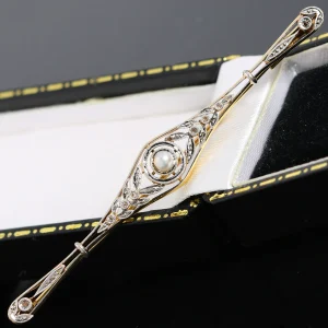 Złota broszka z perłą i diamentami Edwardiańska 18K